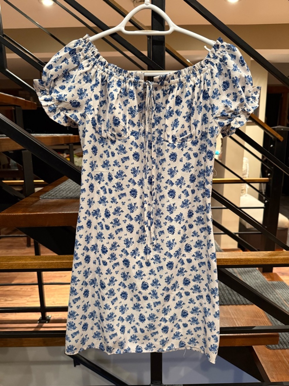Summer White Floral Off-Shoulder Mini Dress with Blue Print